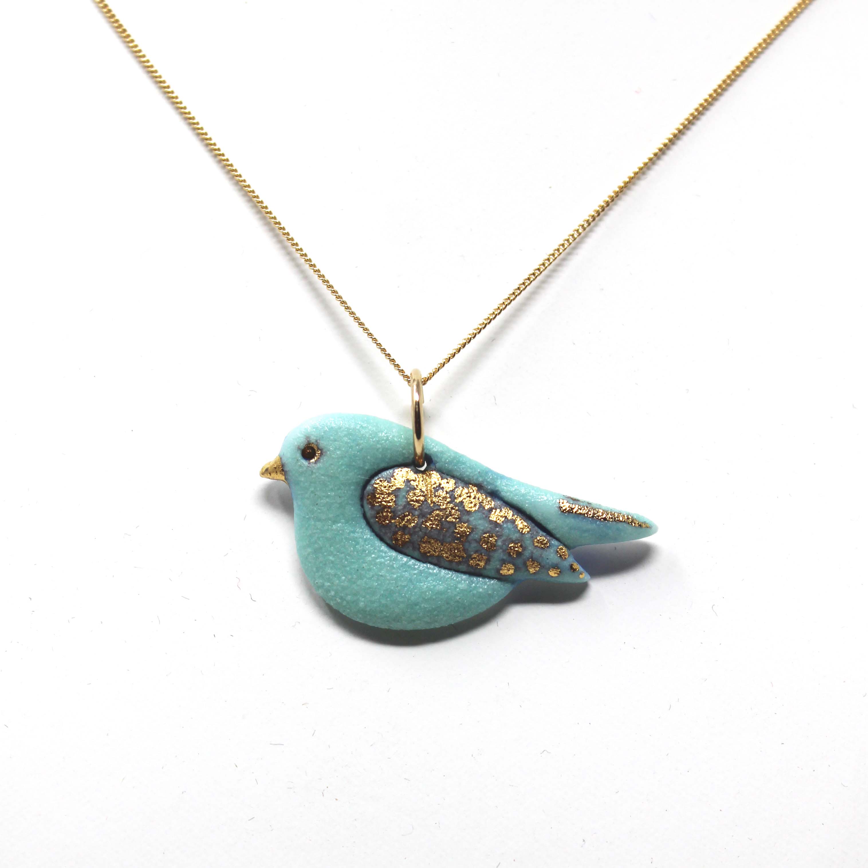 Porcelain Jade Bird Necklace with 24 karat gold lustre details with 14 karat gold filled chain