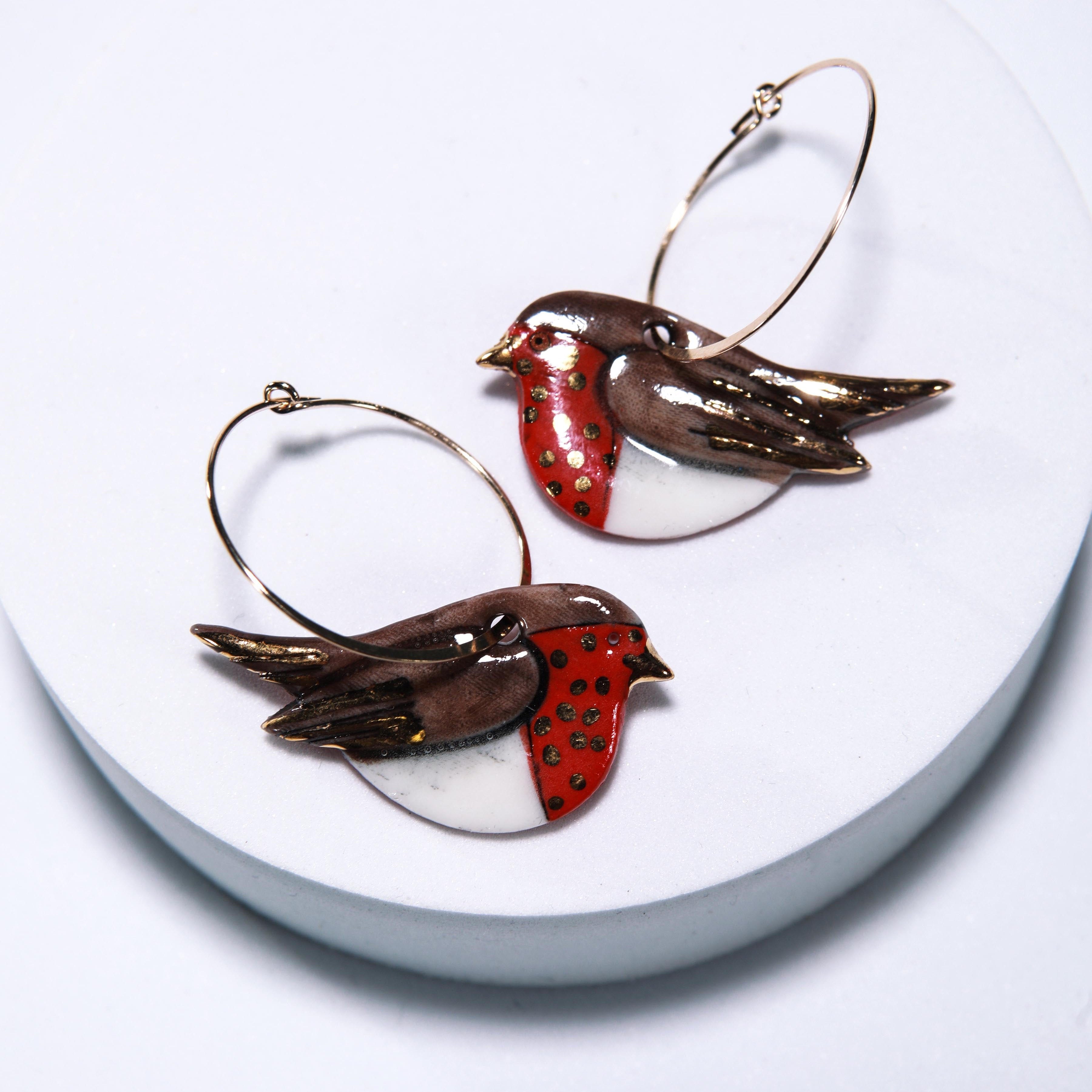 Robin Porcelain Charm Gold Hoop Earrings