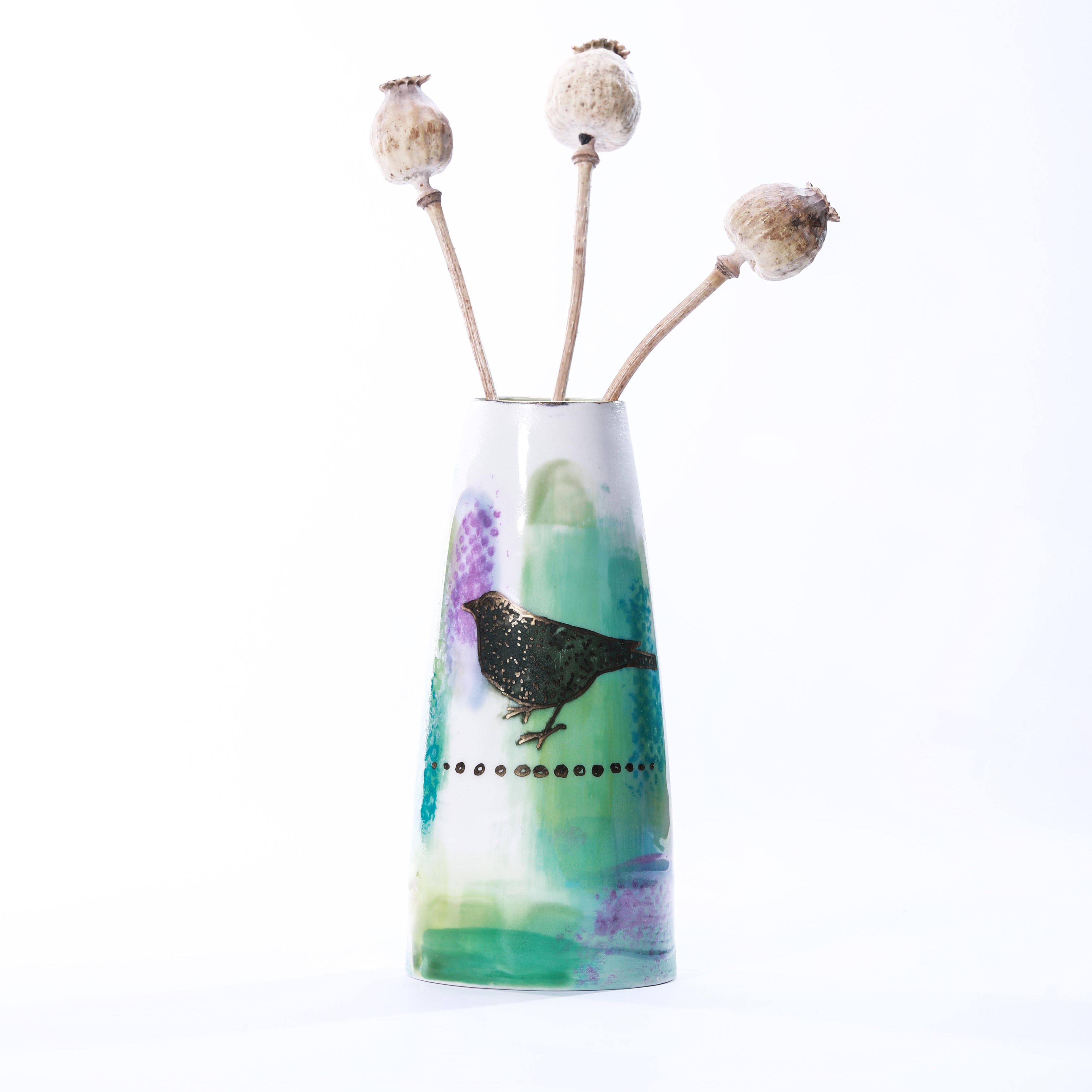 Secret Garden Porcelain Vase - Green with Blackbird