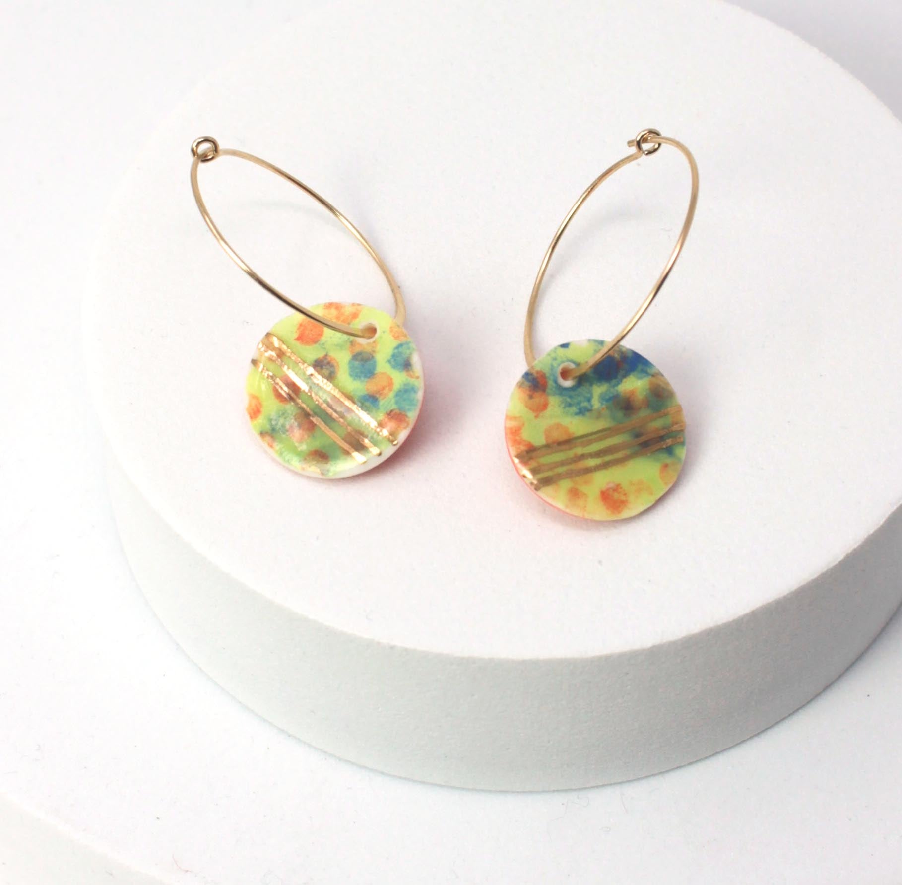 Muti Coloured Porcelain Round Charm Gold Hoop Earrings