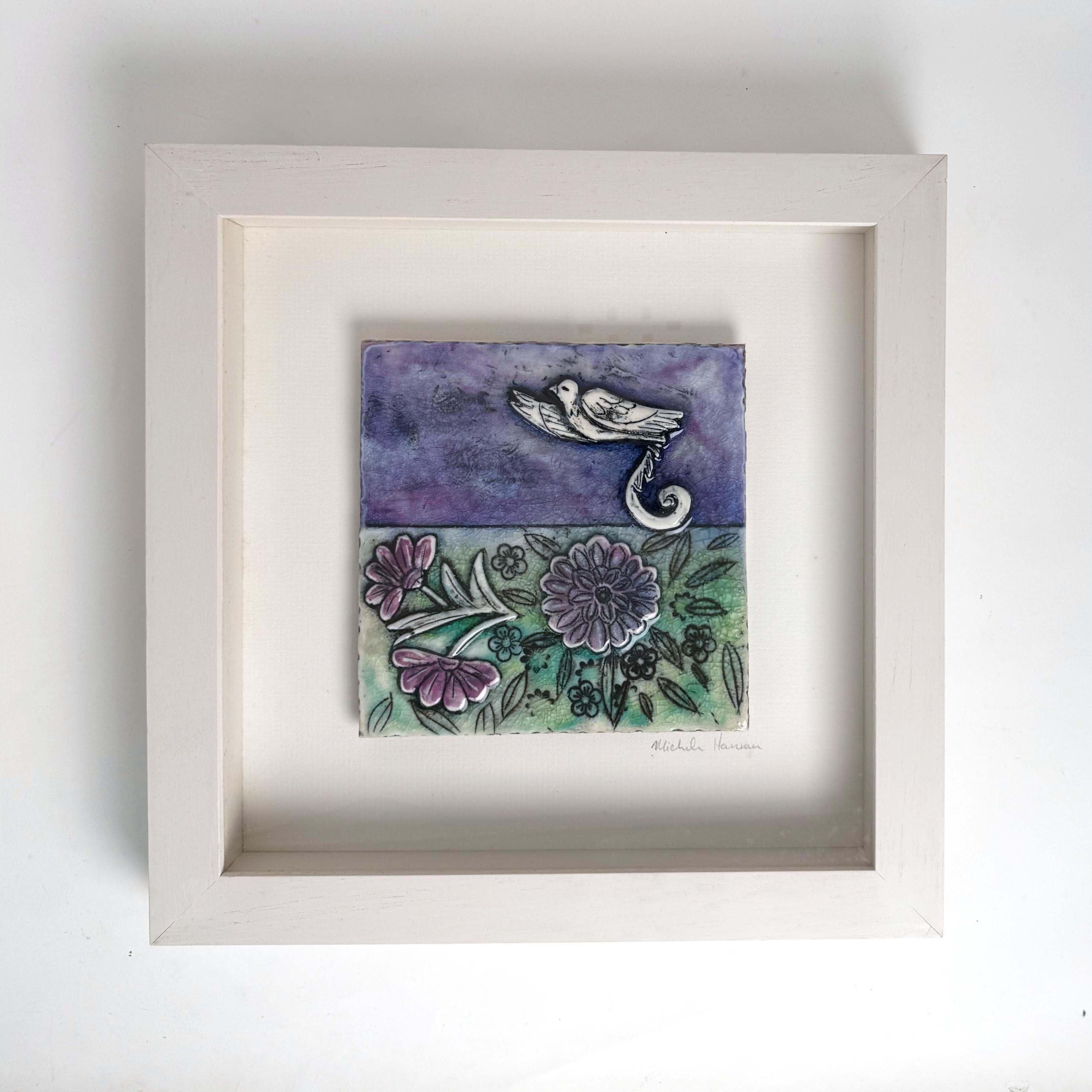 Stylised Songbird in Bloom - Framed Porcelain Picture, Wall Piece