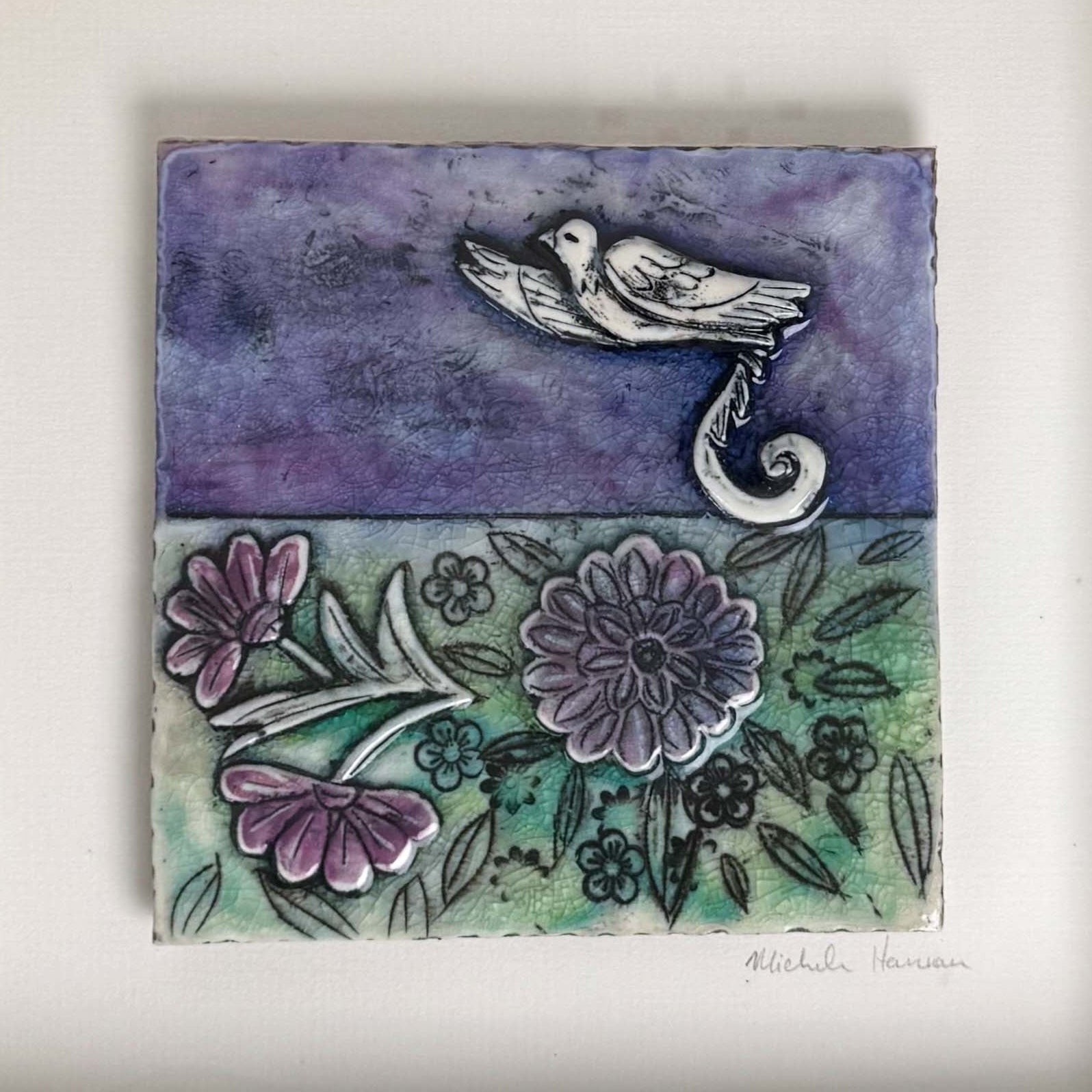 Stylised Songbird in Bloom - Framed Porcelain Picture, Wall Piece