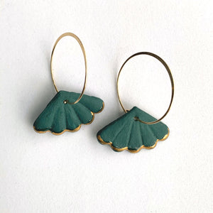 Teal Porcelain Petal Charm Gold Hoop Earrings