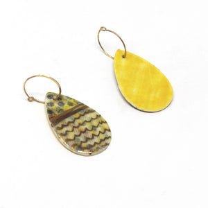 Yellow Patterned Porcelain Teardrop Charm Gold Hoop Earrings