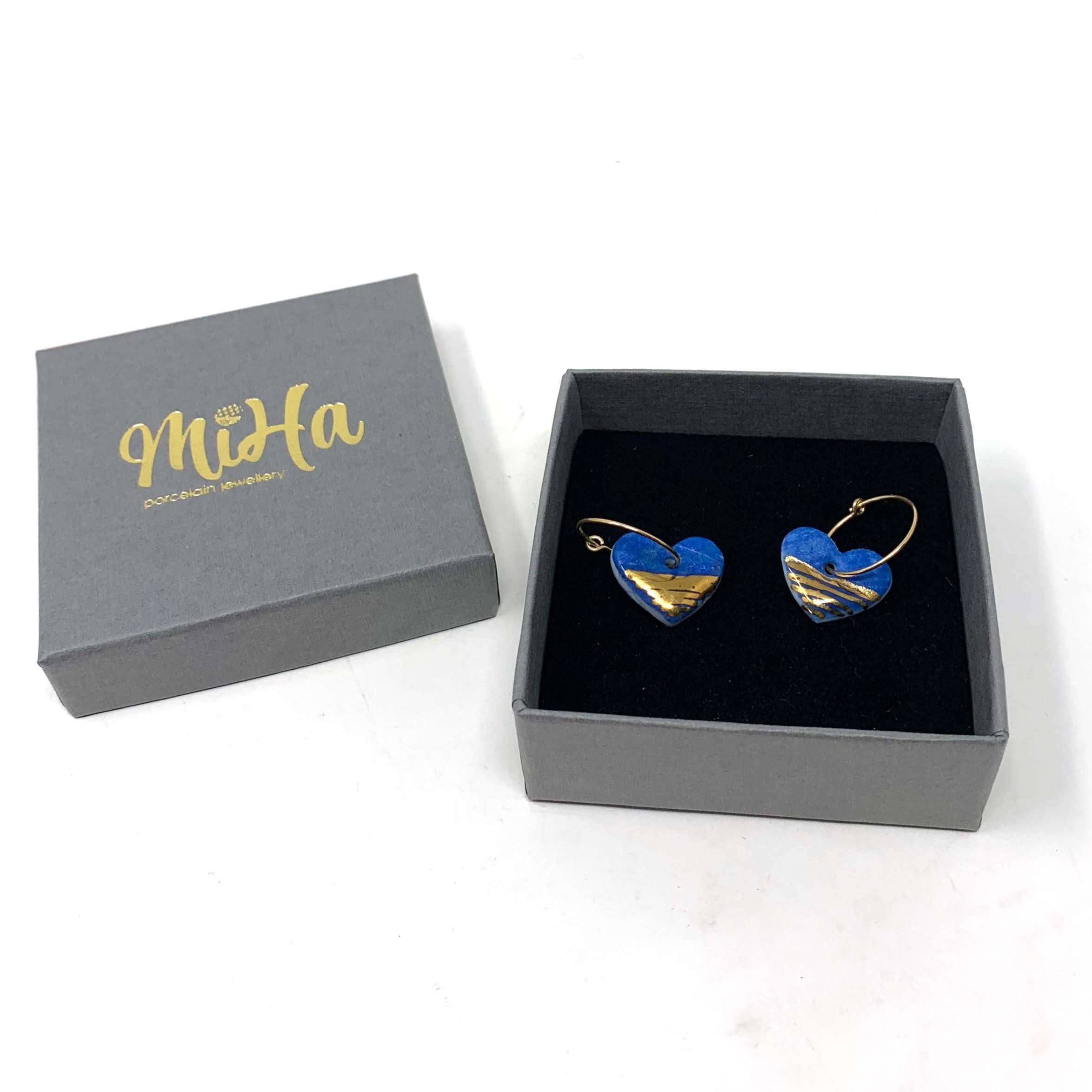 Blue Porcelain Heart Charm Gold Hoop Earrings