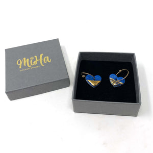 Blue Porcelain Heart Charm Gold Hoop Earrings