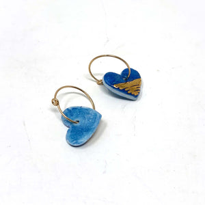 Blue Porcelain Heart Charm Gold Hoop Earrings