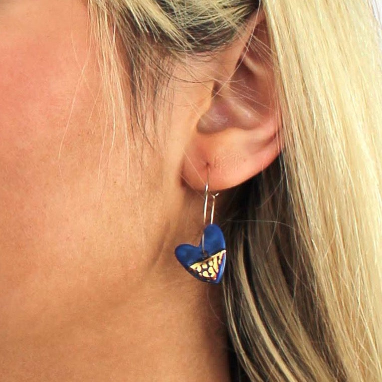 Blue Porcelain Heart Charm Gold Hoop Earrings
