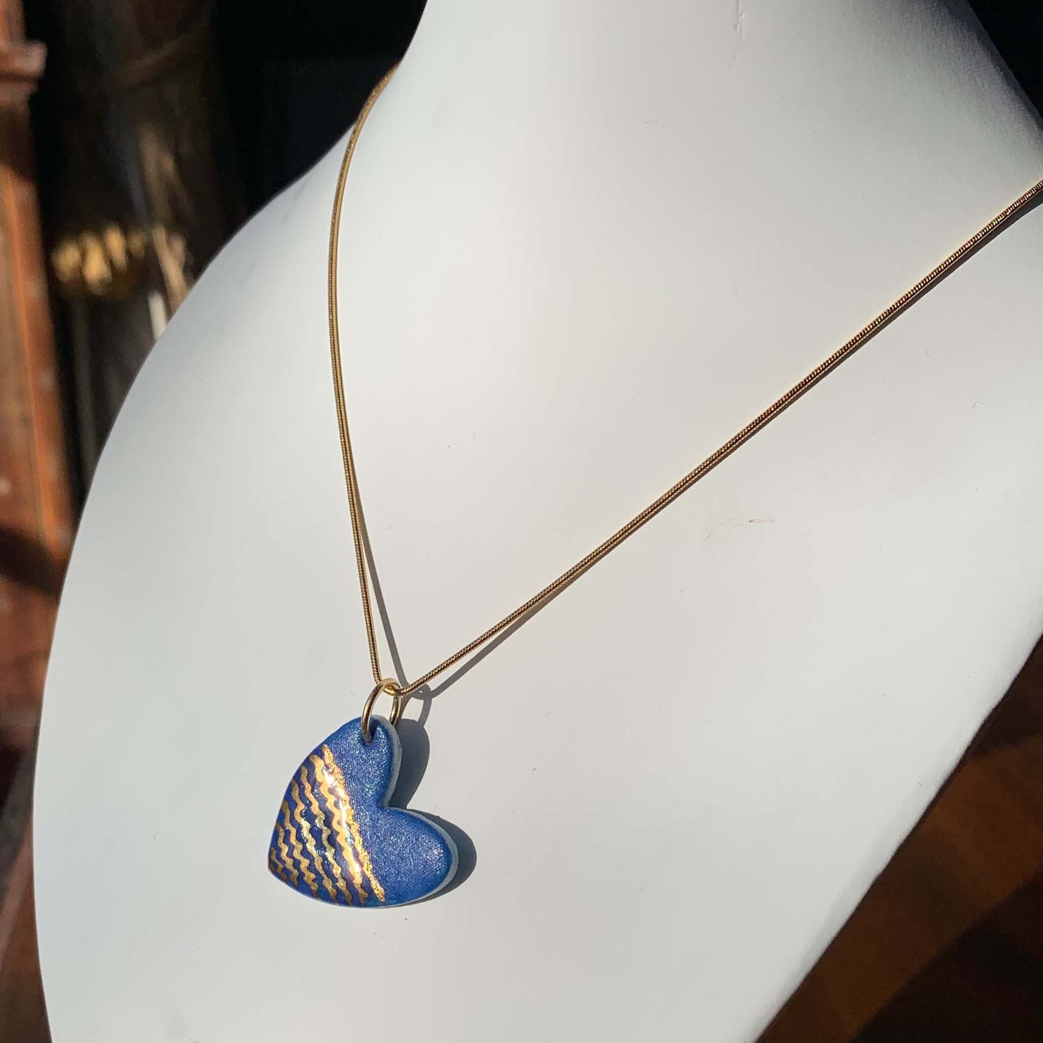 Blue Porcelain Heart Necklace with 24k gold lustre details