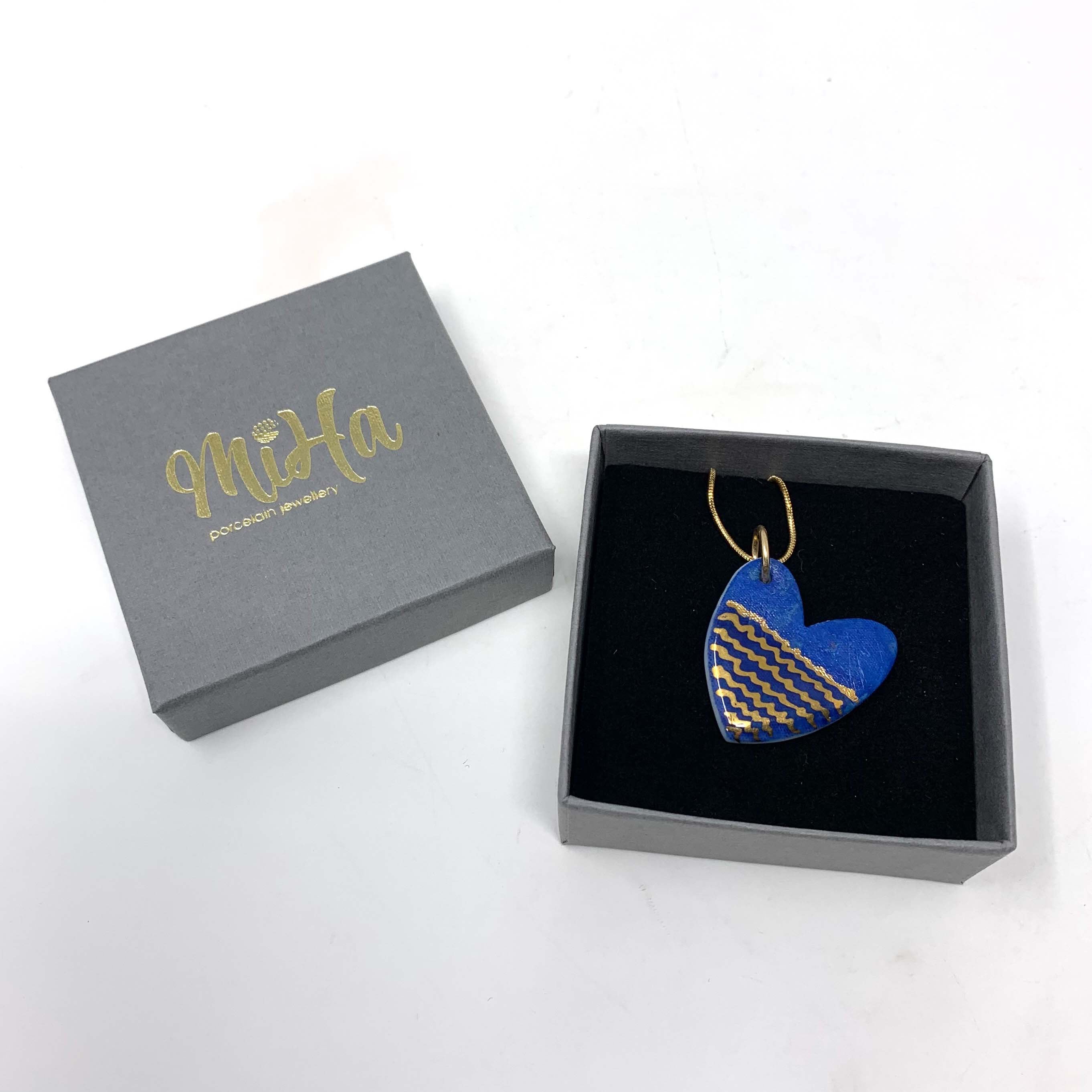 Blue Porcelain Heart Necklace with 24k gold lustre details