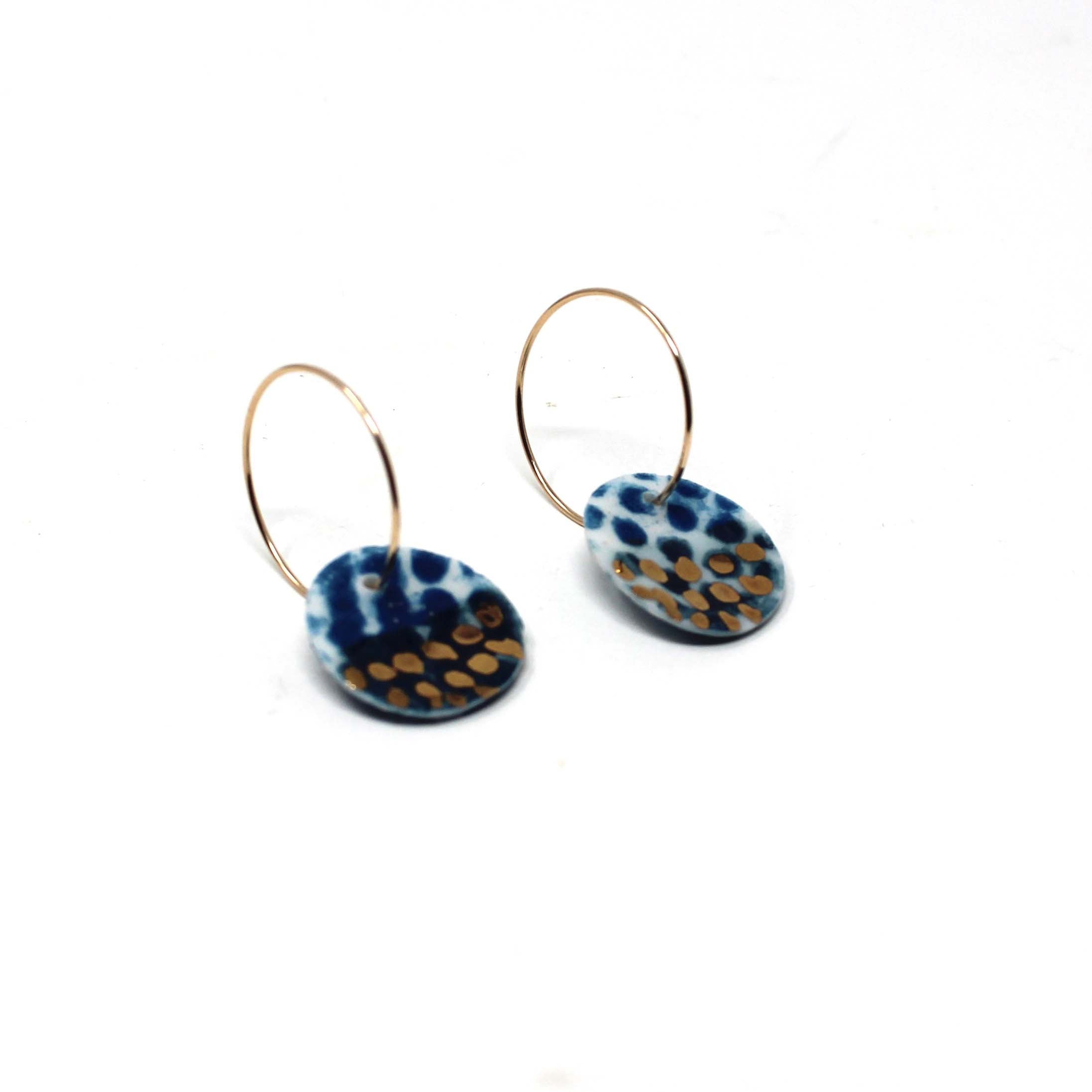 Porcelain Charm Gold Hoop Earrings, blue and gold