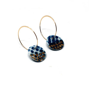 Porcelain Charm Gold Hoop Earrings, blue and gold