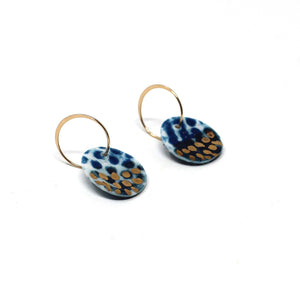 Porcelain Charm Gold Hoop Earrings, blue and gold