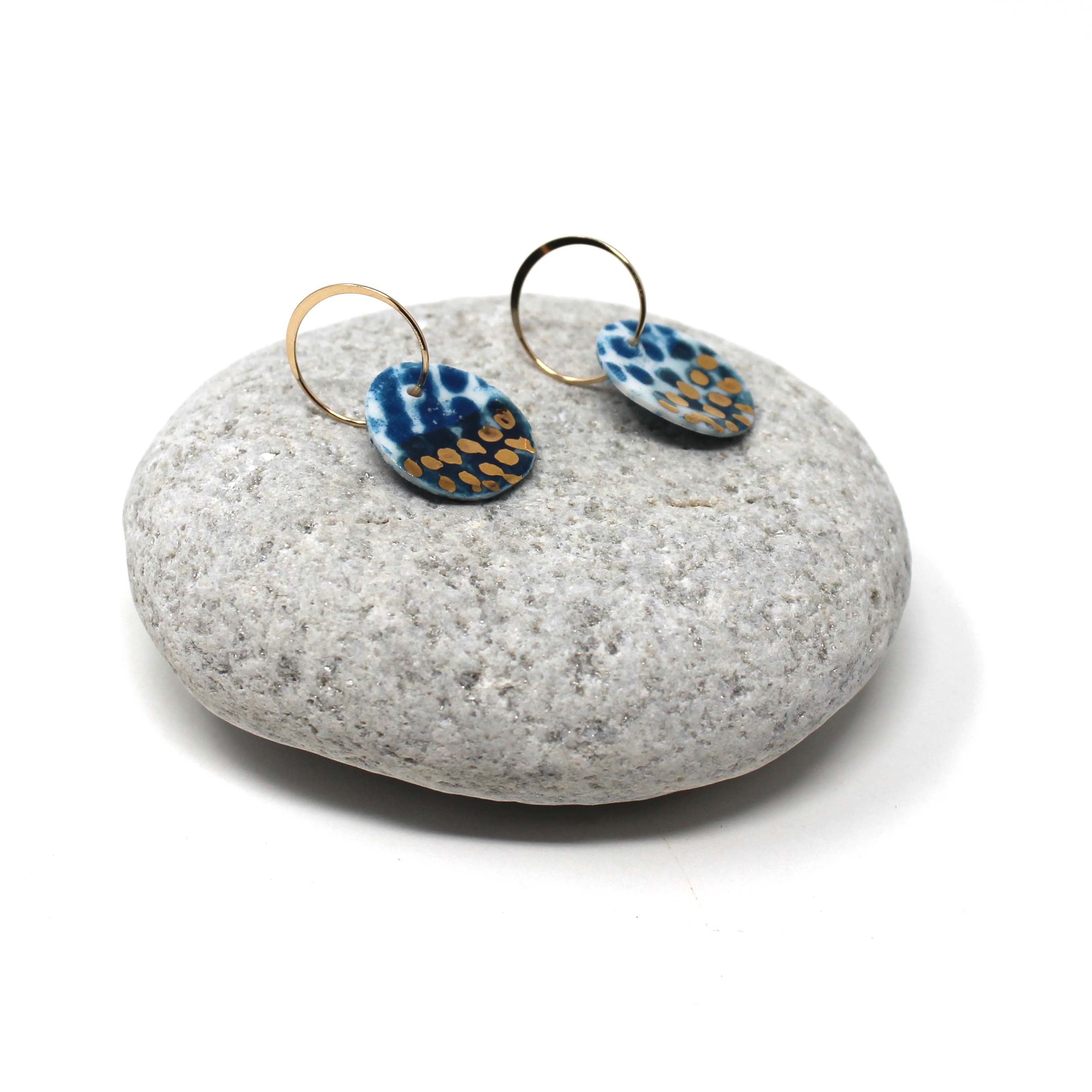 Porcelain Charm Gold Hoop Earrings, blue and gold