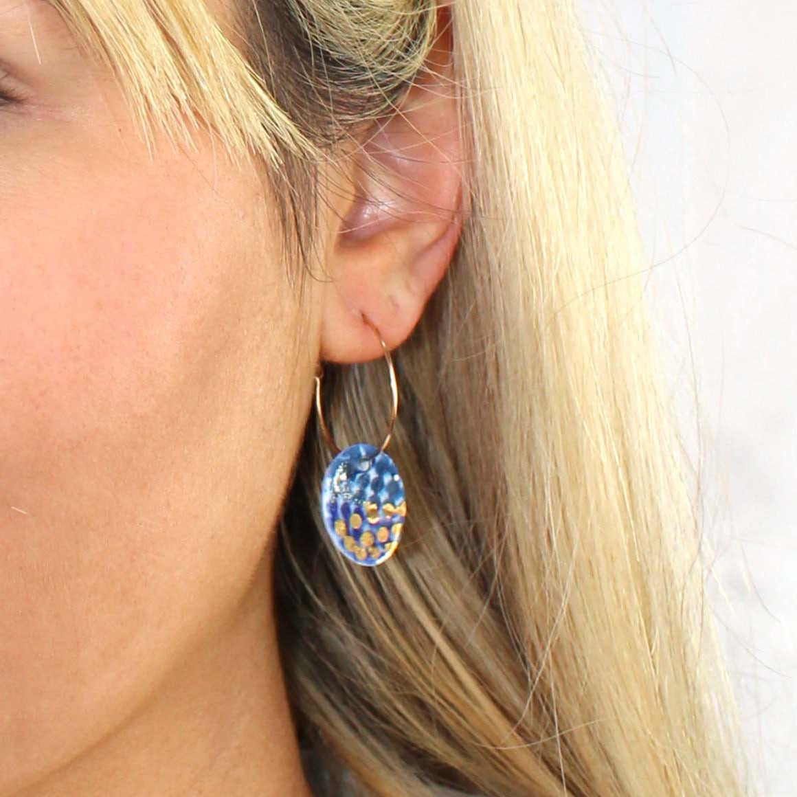 Porcelain Charm Gold Hoop Earrings, blue and gold
