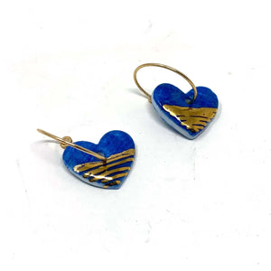 Blue Porcelain Heart Charm Gold Hoop Earrings