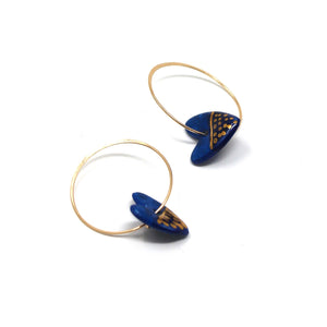 Blue Porcelain Heart Charm Gold Hoop Earrings