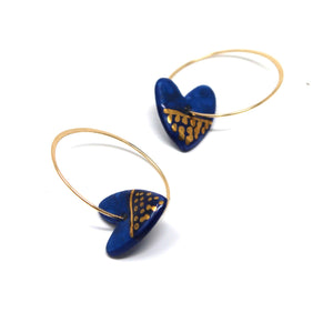 Blue Porcelain Heart Charm Gold Hoop Earrings