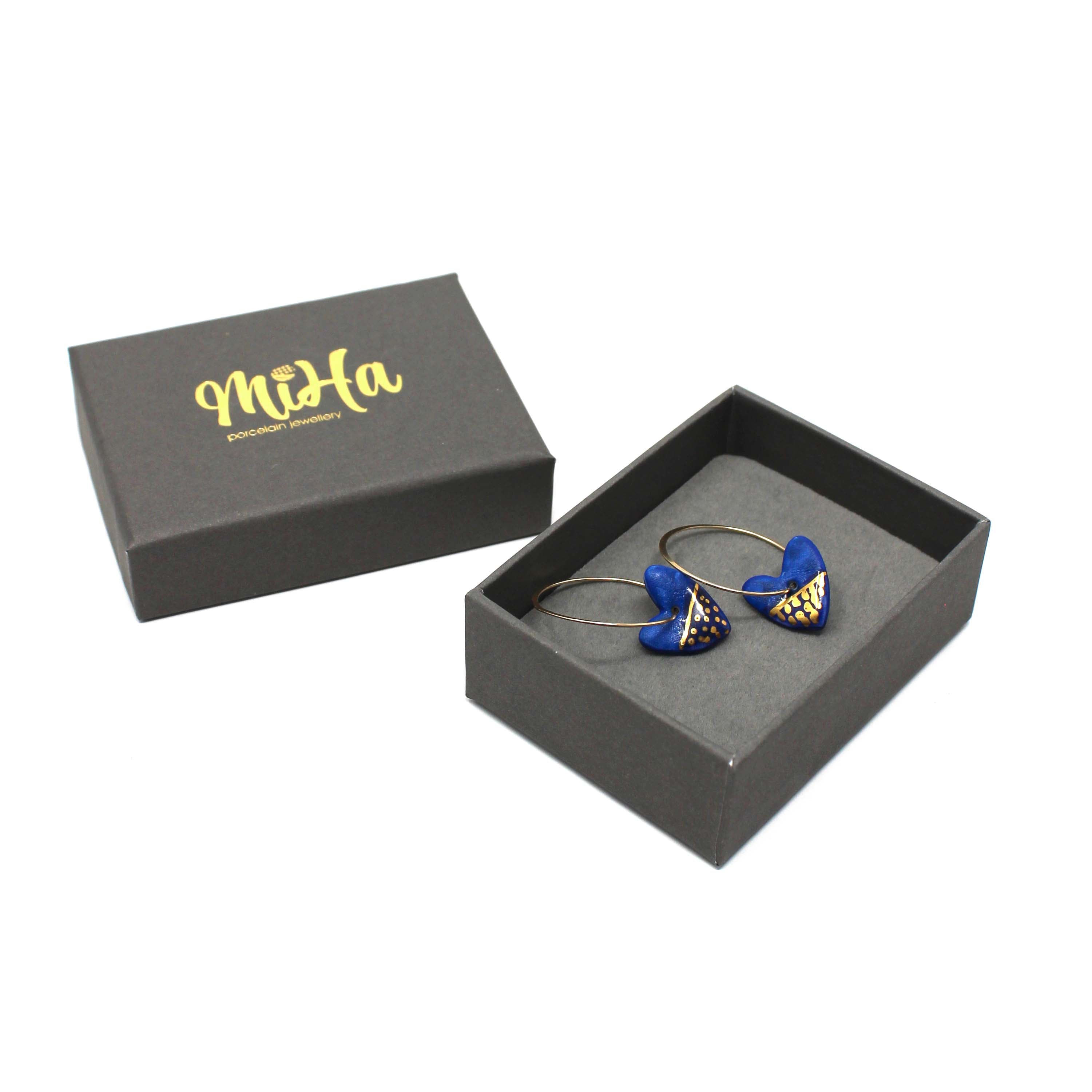 Blue Porcelain Heart Charm Gold Hoop Earrings
