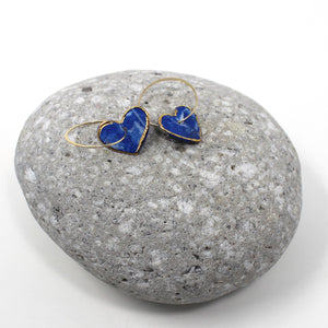 Blue Porcelain Heart Charm Gold Hoop Earrings with 24k Gold Lustre
