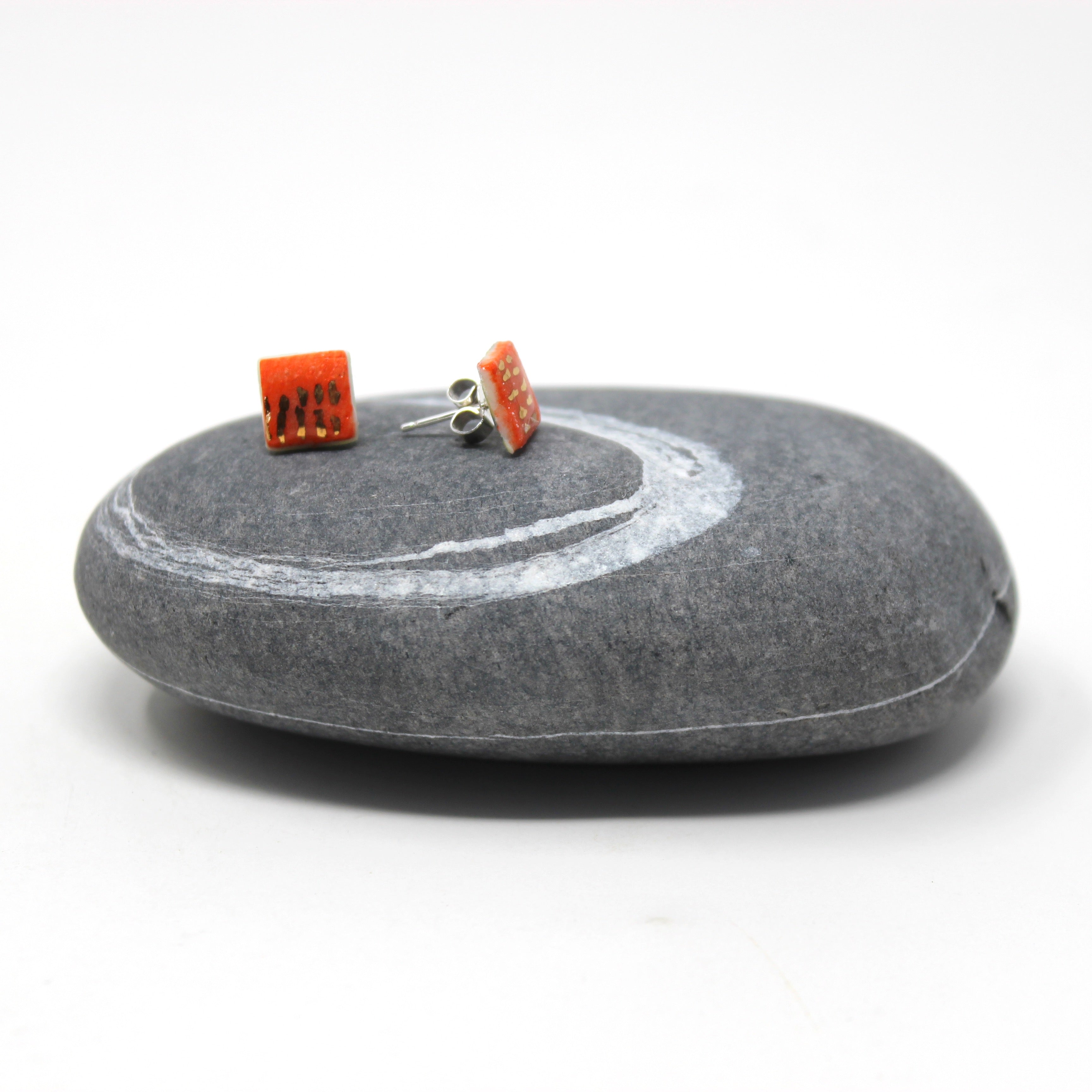 Orange and Gold Porcelain Square Stud Earrings