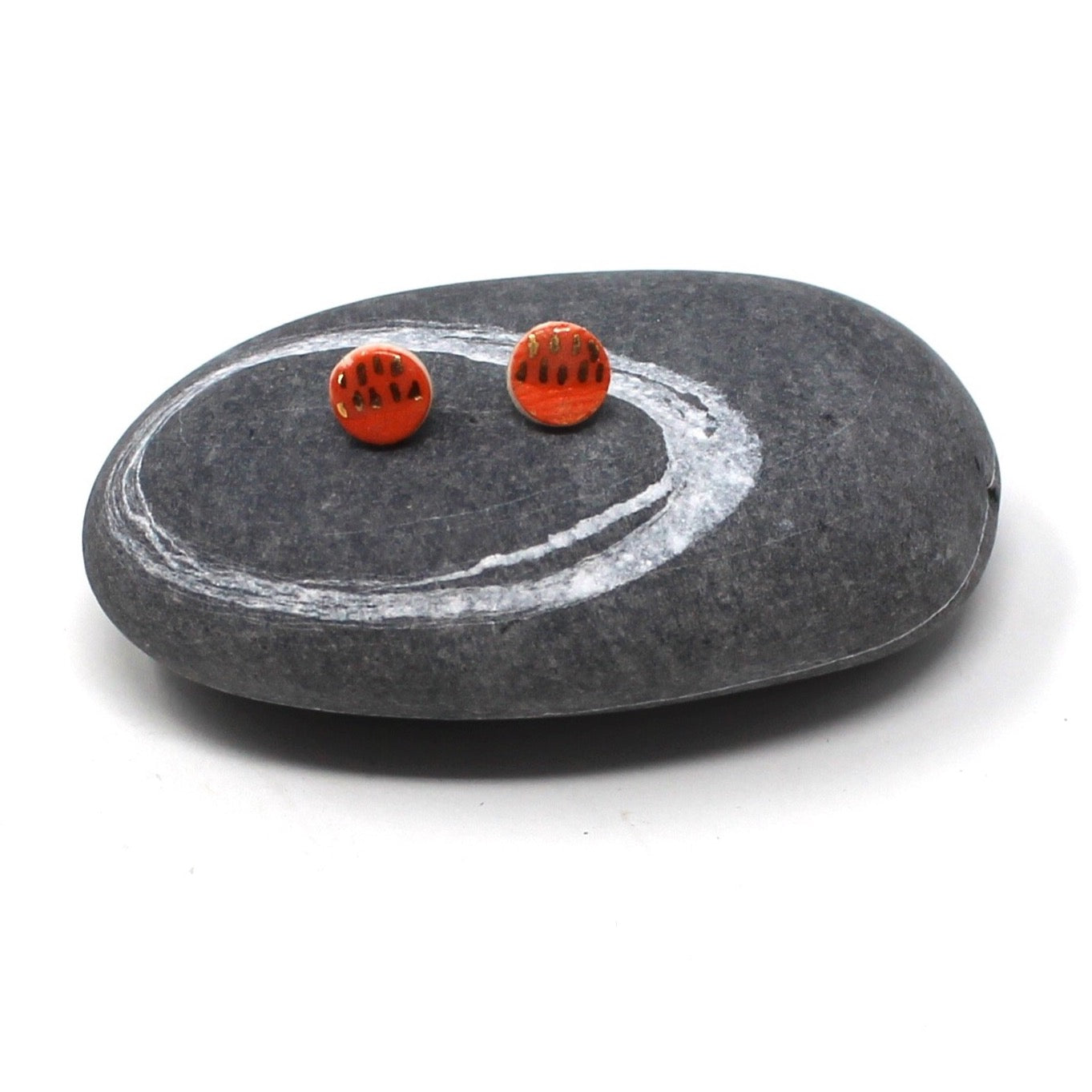 Orange and Gold Porcelain Round Stud Earrings with 24K Gold Details
