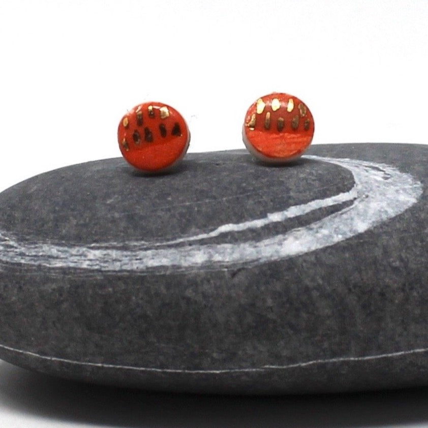 Orange and Gold Porcelain Round Stud Earrings with 24K Gold Details