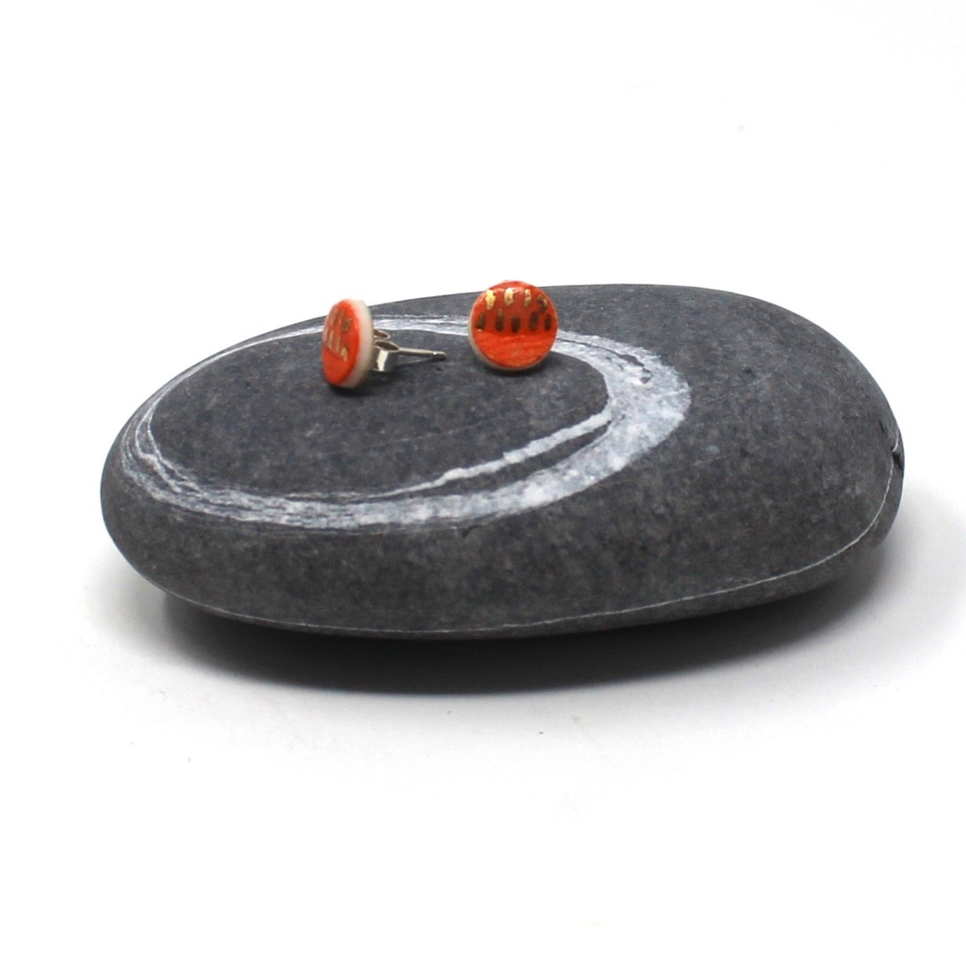 Orange and Gold Porcelain Round Stud Earrings with 24K Gold Details
