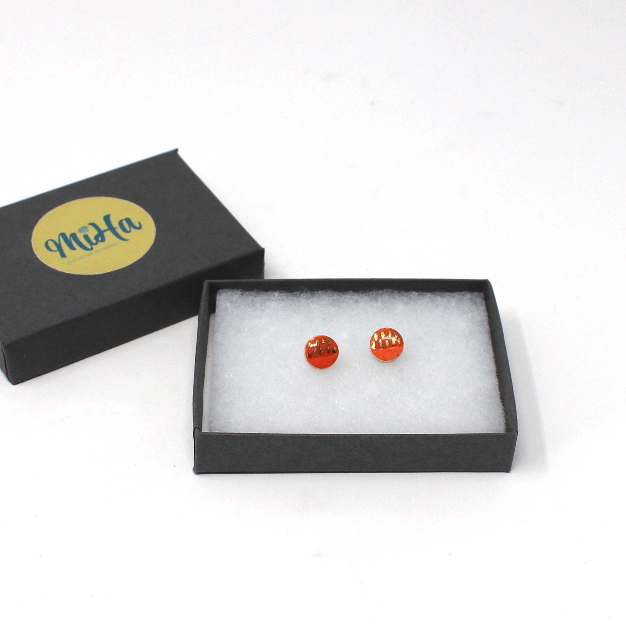 Orange and Gold Porcelain Round Stud Earrings with 24K Gold Details