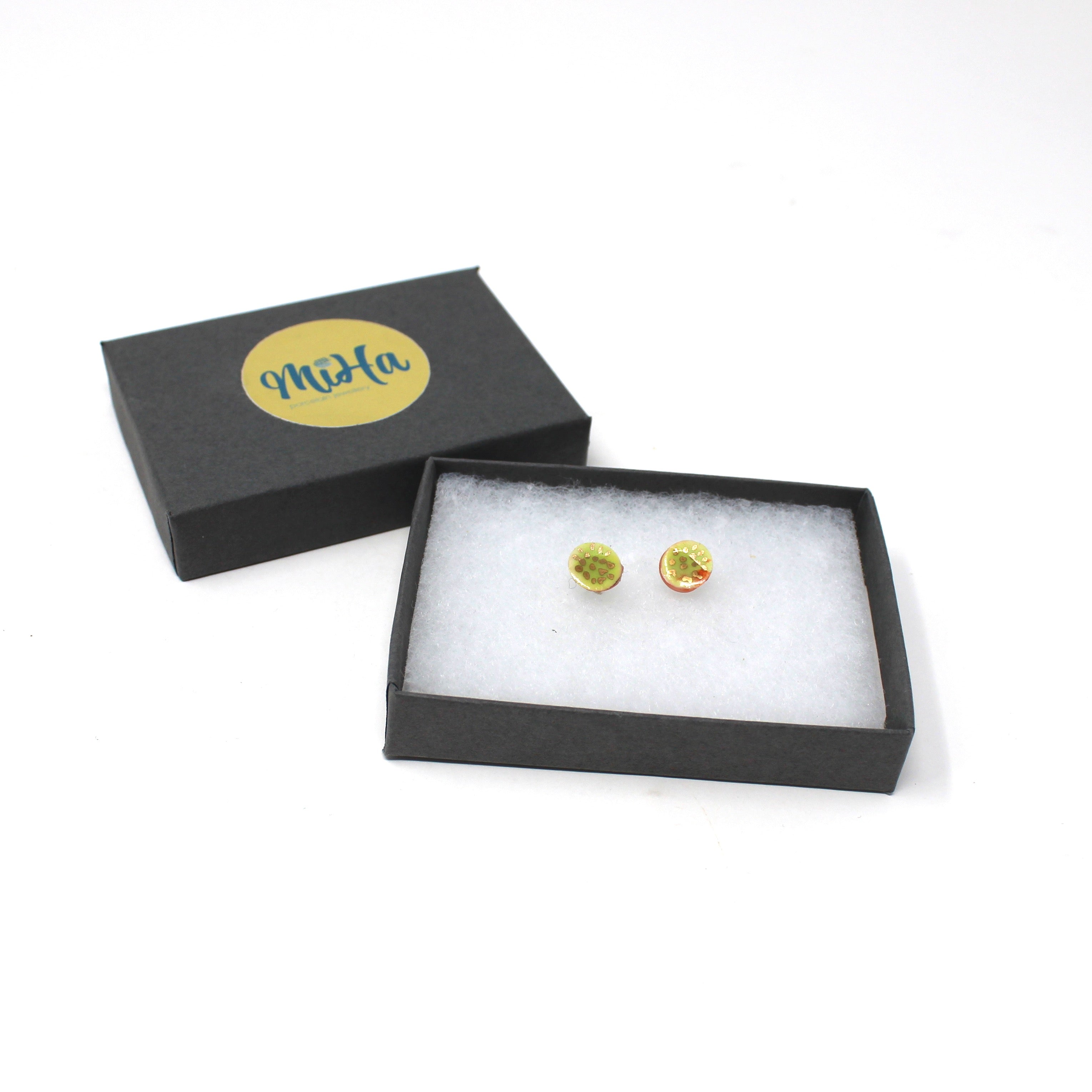 Green and Gold Porcelain Stud Earrings