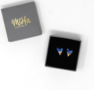 Porcelain Blue Heart Stud Earrings with 24k Gold Lustre