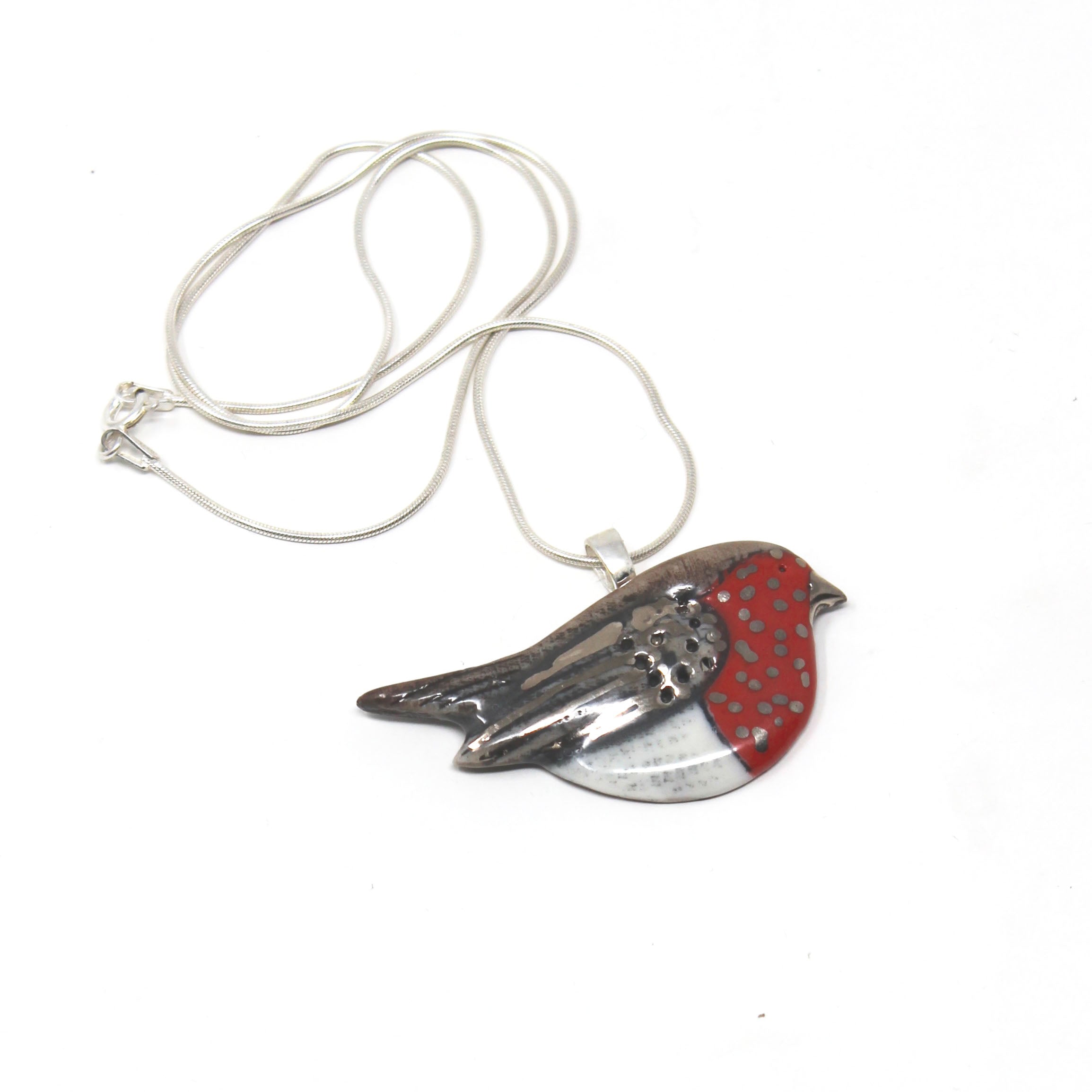 Robin Porcelain Pendant Necklace 40mm with Sterling Silver Chain