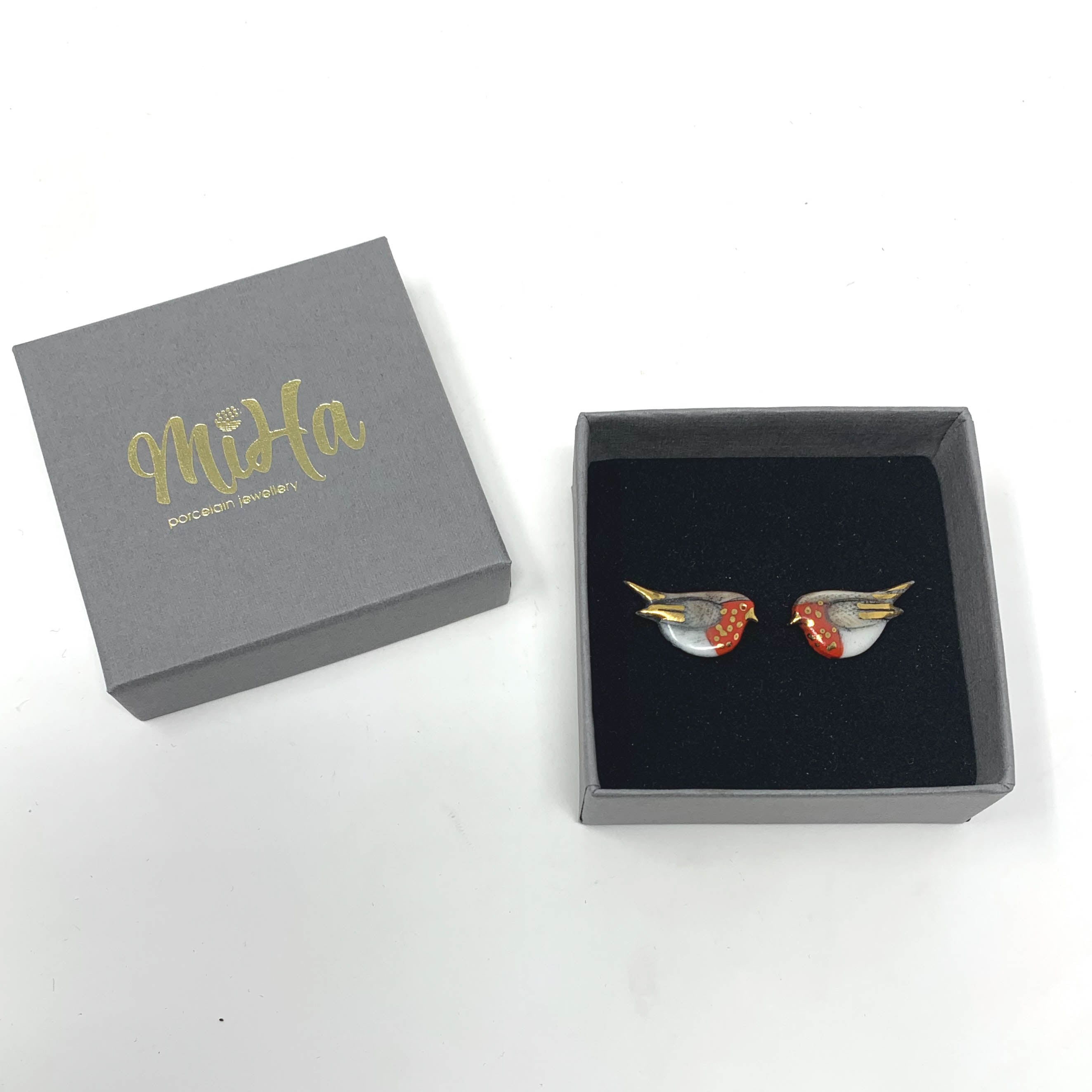 Robin Porcelain Stud Earrings with 24K Gold Lustre